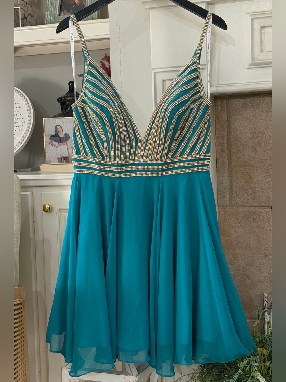 JVN by Jovani Teal A-Line V-Neck Dress with Gold Embellishment